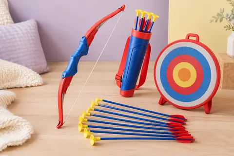Arc jouet rouge et bleu avec huit flèches à ventouse, carquois et cible double face
