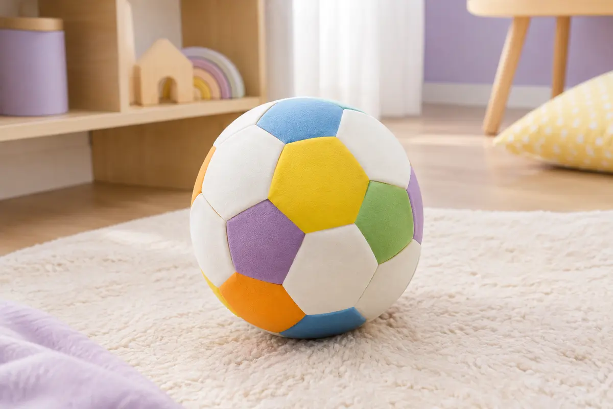 Ballon de football multicolore en mousse posé sur un tapis crème dans un décor lumineux