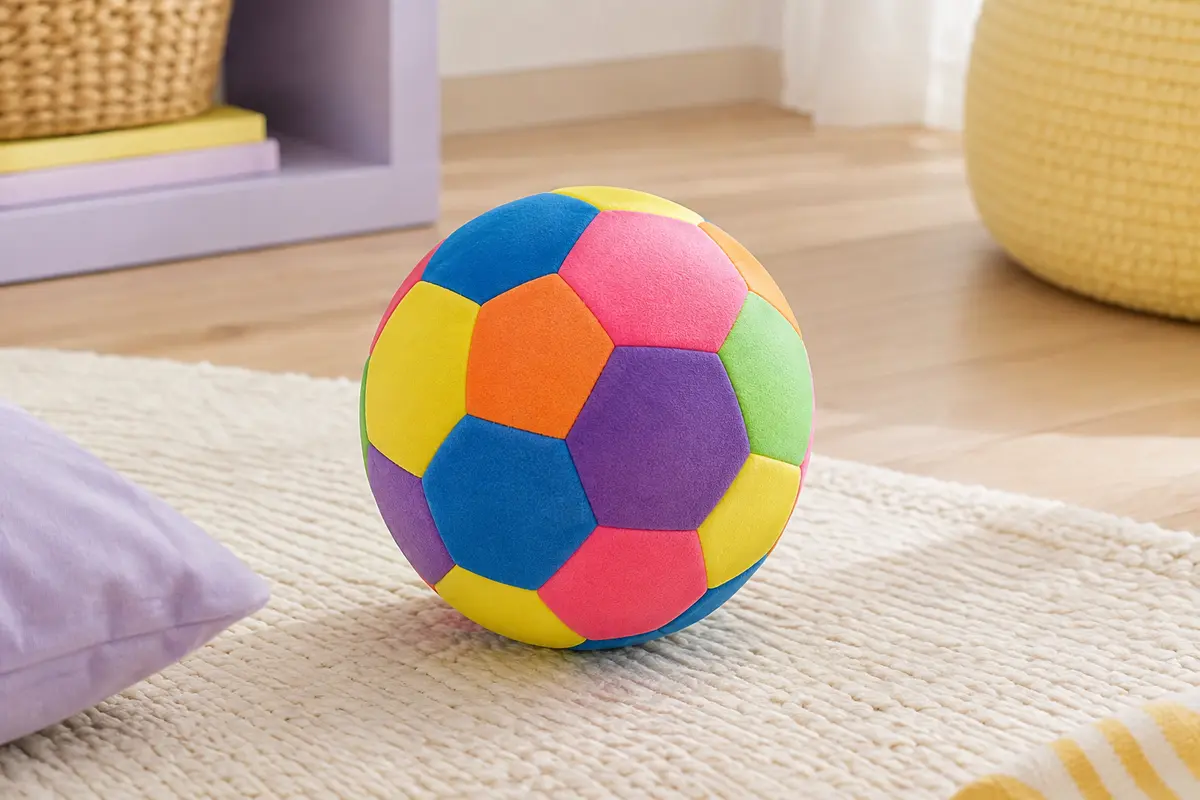 Ballon rond en mousse multicolore de 20 cm posé sur un tapis crème dans un décor lumineux.