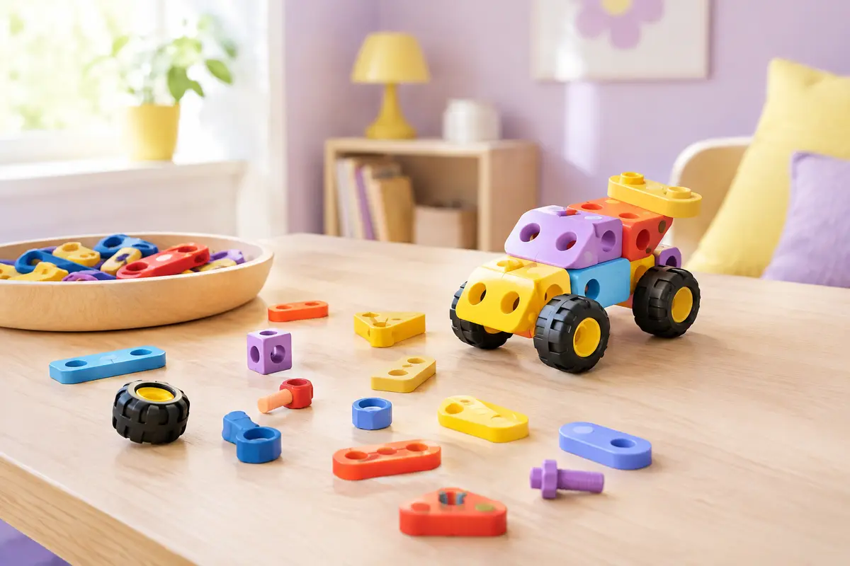 Kit de construction MOONTOY multicolore avec pièces à emboîter et véhicule assemblé sur une table claire