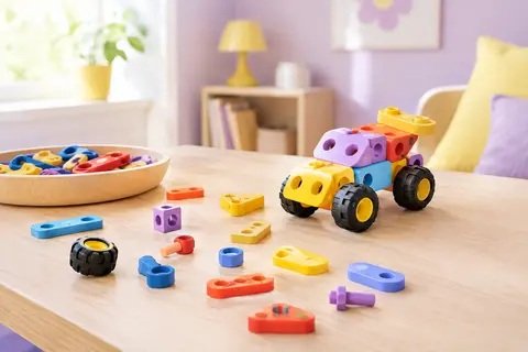 Kit de construction MOONTOY multicolore avec pièces à emboîter et véhicule assemblé sur une table claire