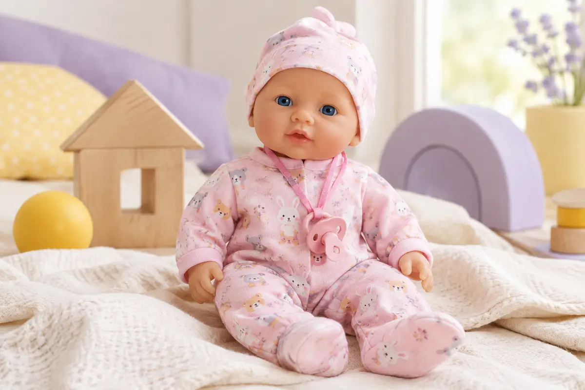 Poupon Nenuco en pyjama rose avec bonnet assorti et tétine, posé sur une couverture crème