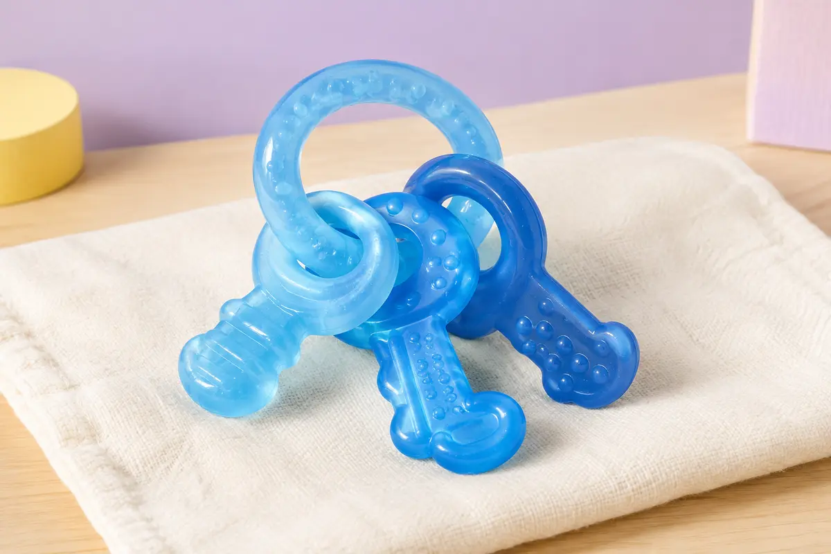 Jouet de dentition bleu en forme de clés posé sur du coton crème et du bois clair