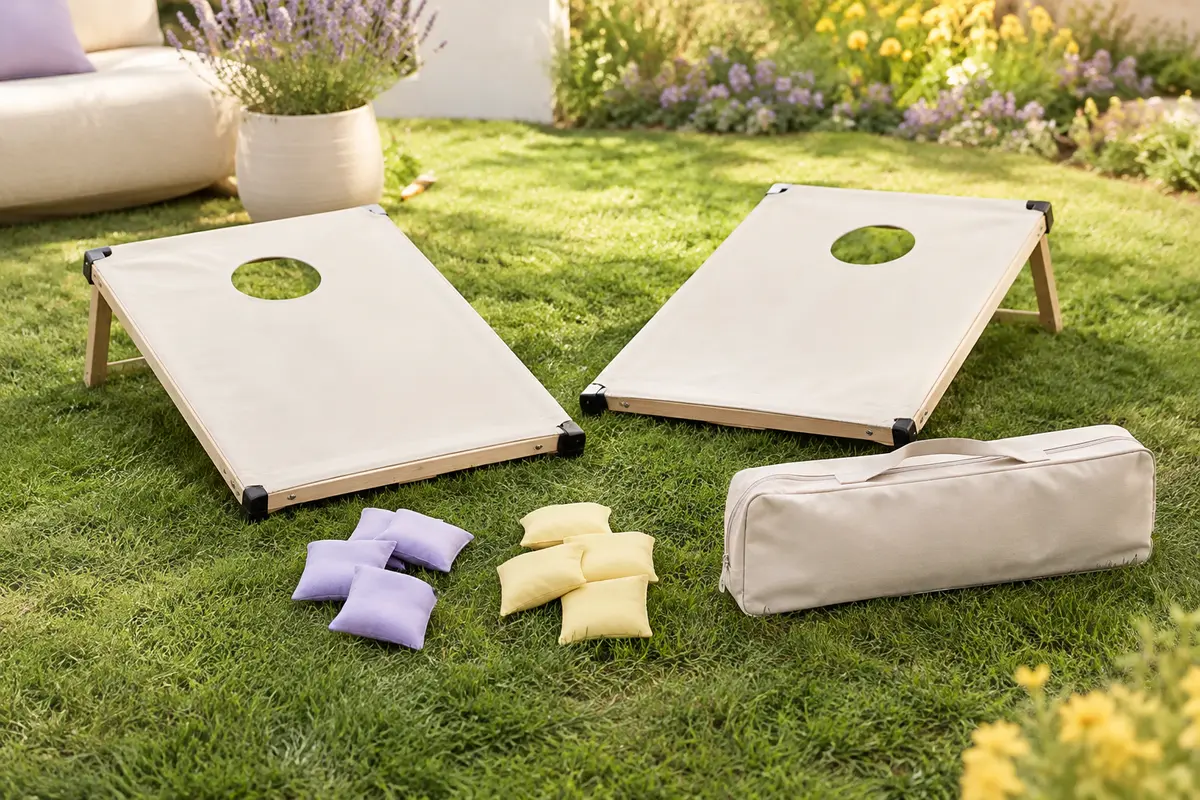 Deux plateaux de cornhole pliables en toile avec huit sacs de lancer et leur housse de transport