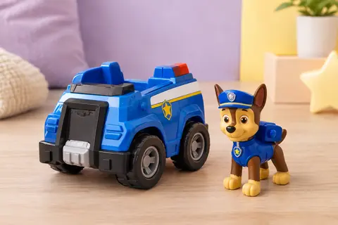 Voiture de police jouet de Chase avec sa figurine amovible, posées sur un décor clair aux tons lilas et crème.