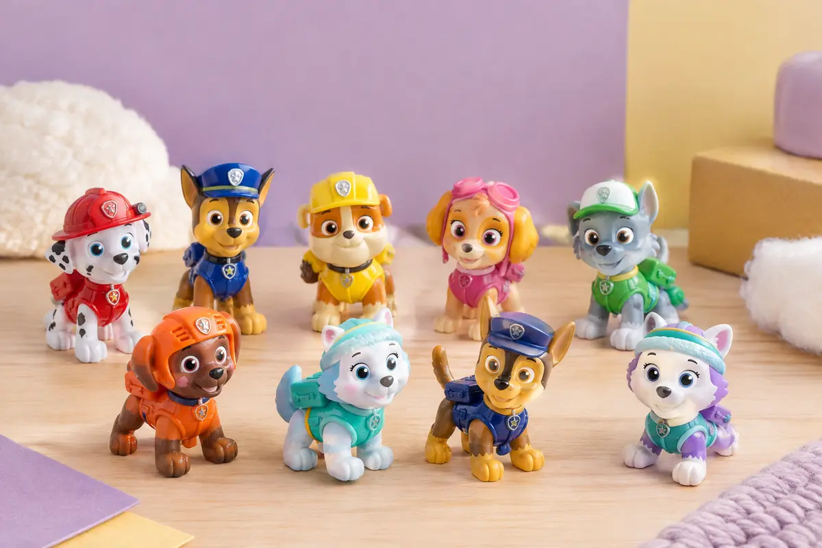 Dix figurines multicolores de chiots Pat’ Patrouille réunies sur un décor doux en bois clair
