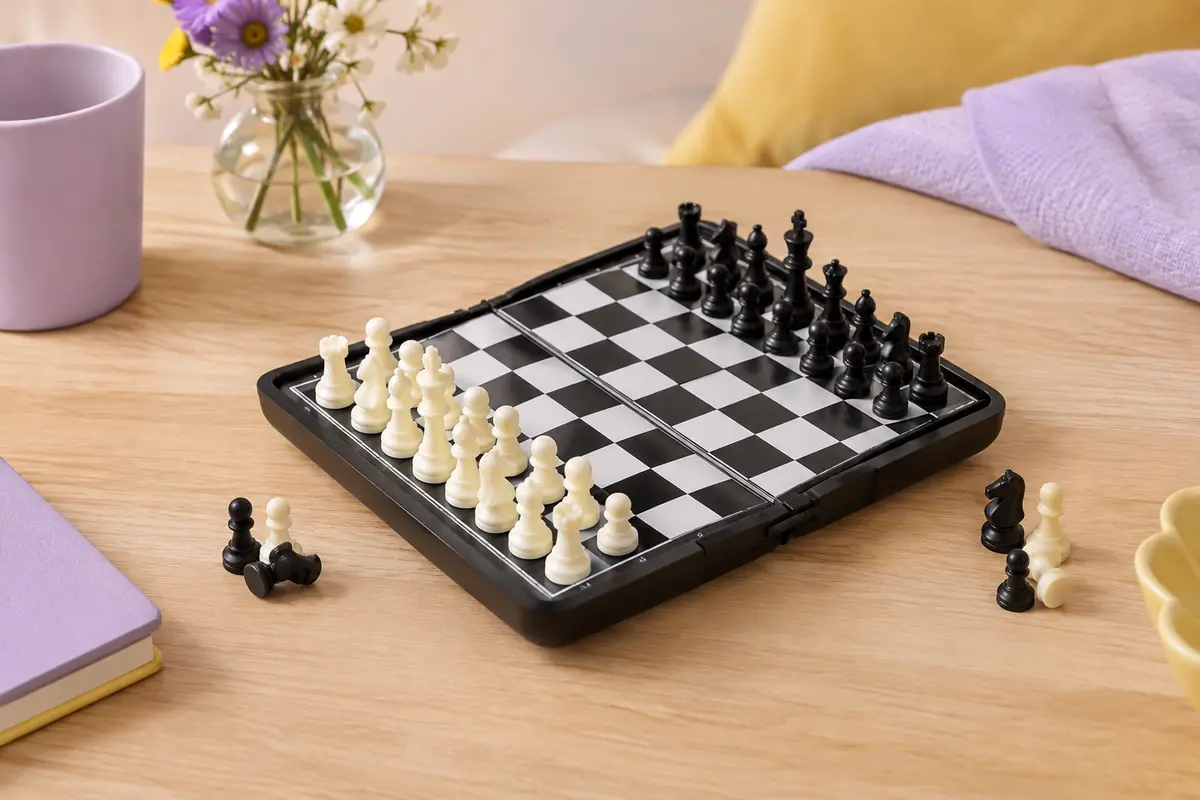 Échiquier pliable noir et blanc avec pièces magnétiques présenté ouvert sur une table claire.