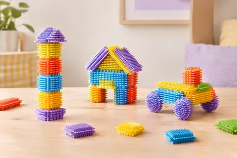Blocs de construction souples et multicolores assemblés en petites formes sur une table en bois clair.