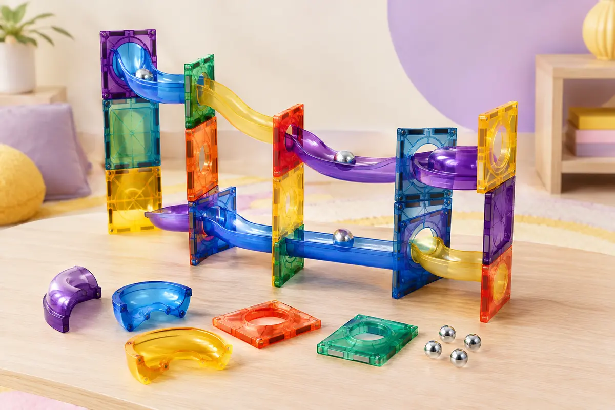 Circuit de billes magnétique en plastique avec pentes, virages et billes d’acier sur fond clair