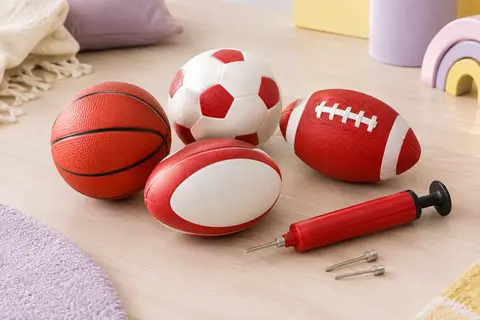 Quatre petits ballons de sport rouge et blanc avec pompe à main et aiguilles sur fond clair