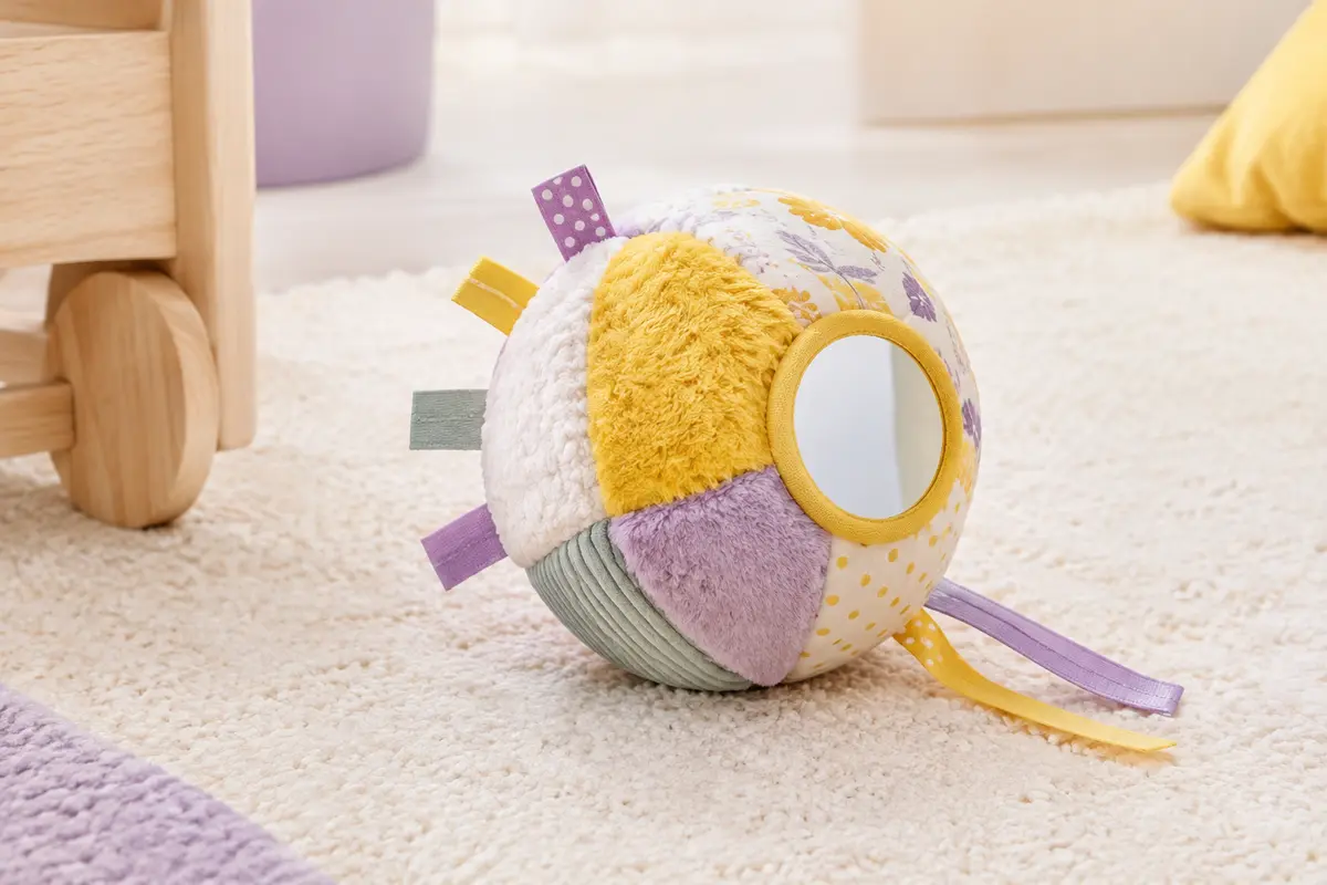 Balle d’éveil Playgro multicolore en peluche avec étiquettes, miroir et rubans sur un tapis crème