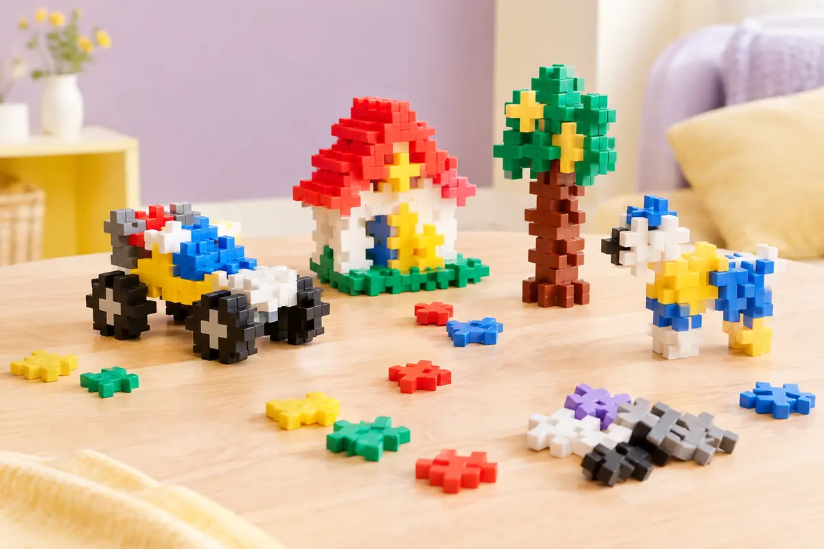 Pièces de construction Plus-Plus BIG multicolores assemblées sur une table en bois clair