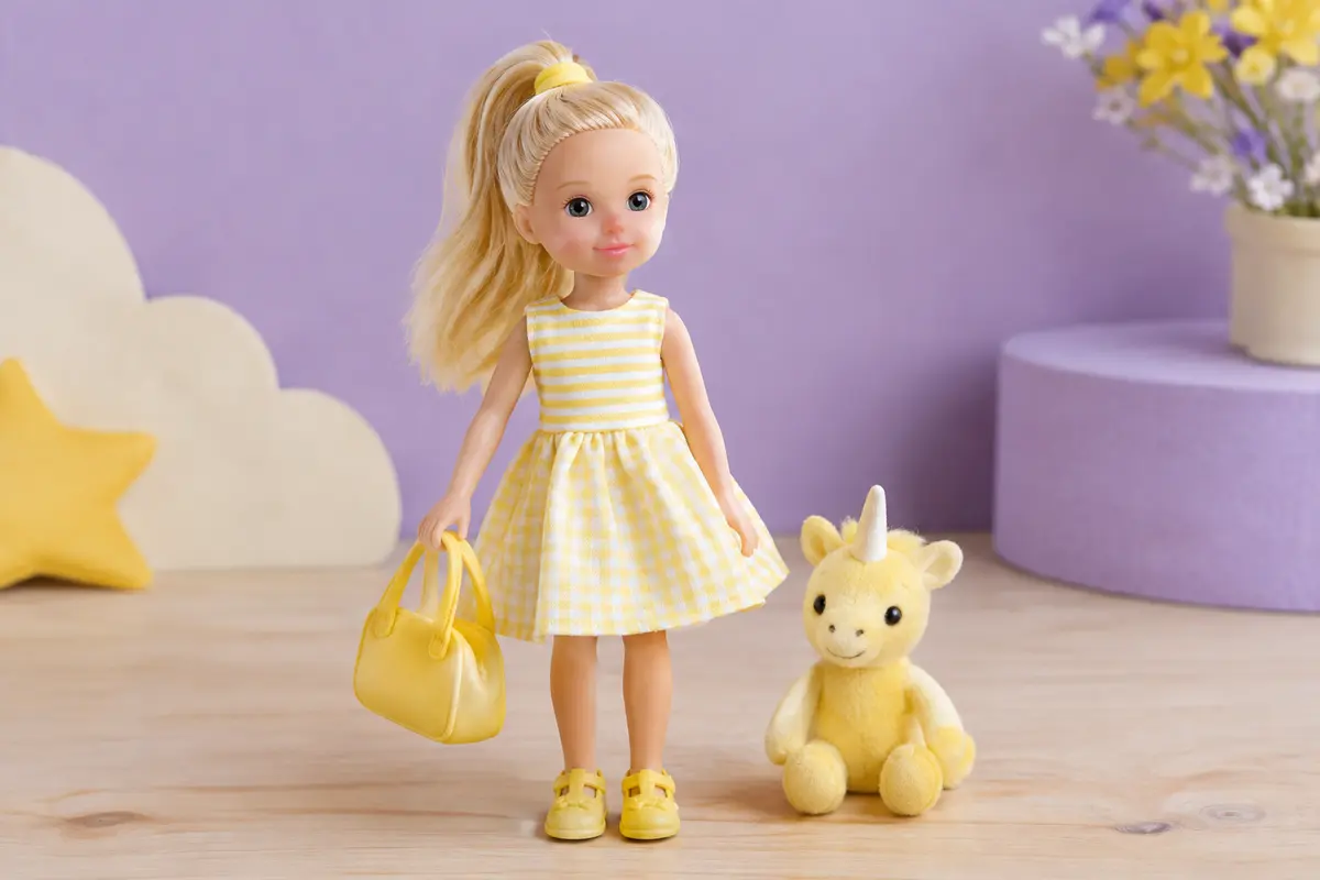 Poupée Daisy en tenue jaune avec son sac à main et son ourson magique à corne