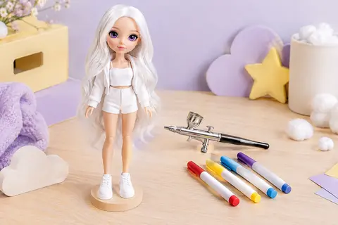 Poupée mannequin vêtue de blanc avec aérographe et quatre marqueurs colorés lavables