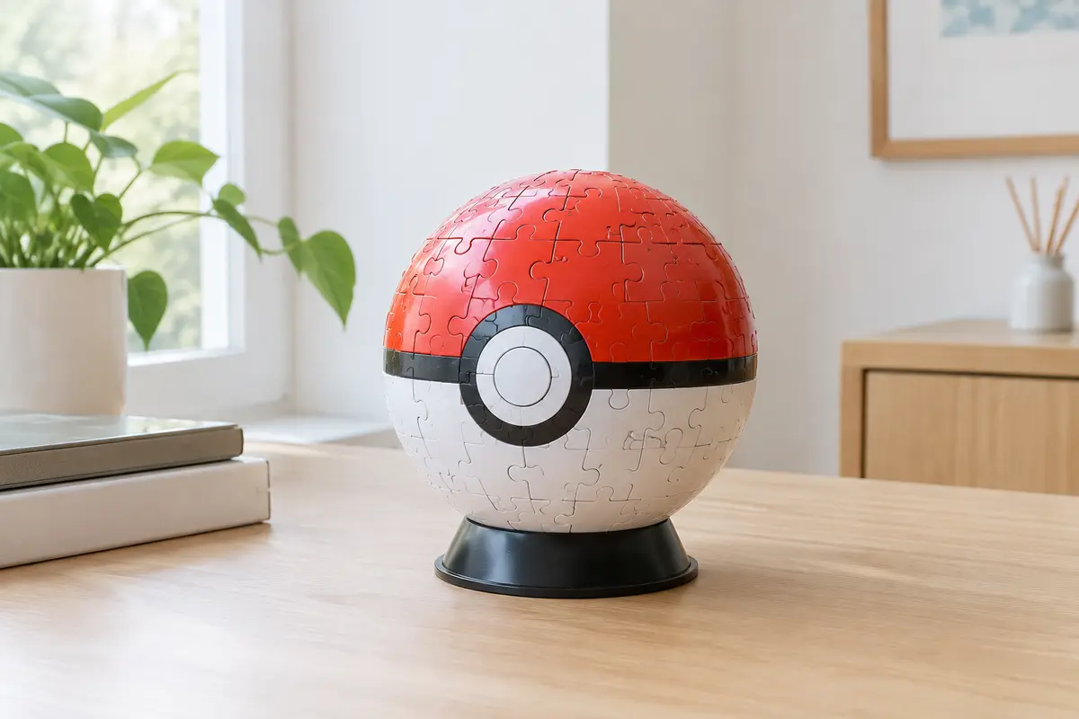 Sphère puzzle 3D Pokémon multicolore posée sur son socle, sur une table en bois clair.