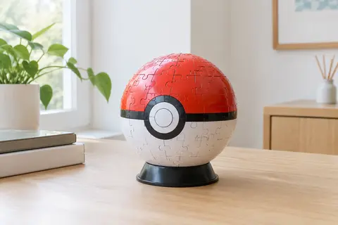 Sphère puzzle 3D Pokémon multicolore posée sur son socle, sur une table en bois clair.
