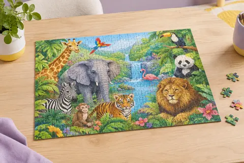 Puzzle de 200 pièces représentant des animaux de la jungle, posé sur une table en bois clair