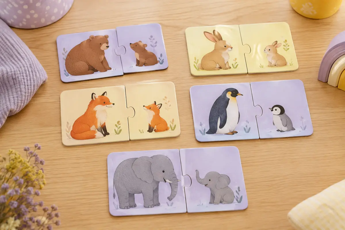 Cartes-puzzles en carton illustrant des mamans animales et leurs petits sur une table claire