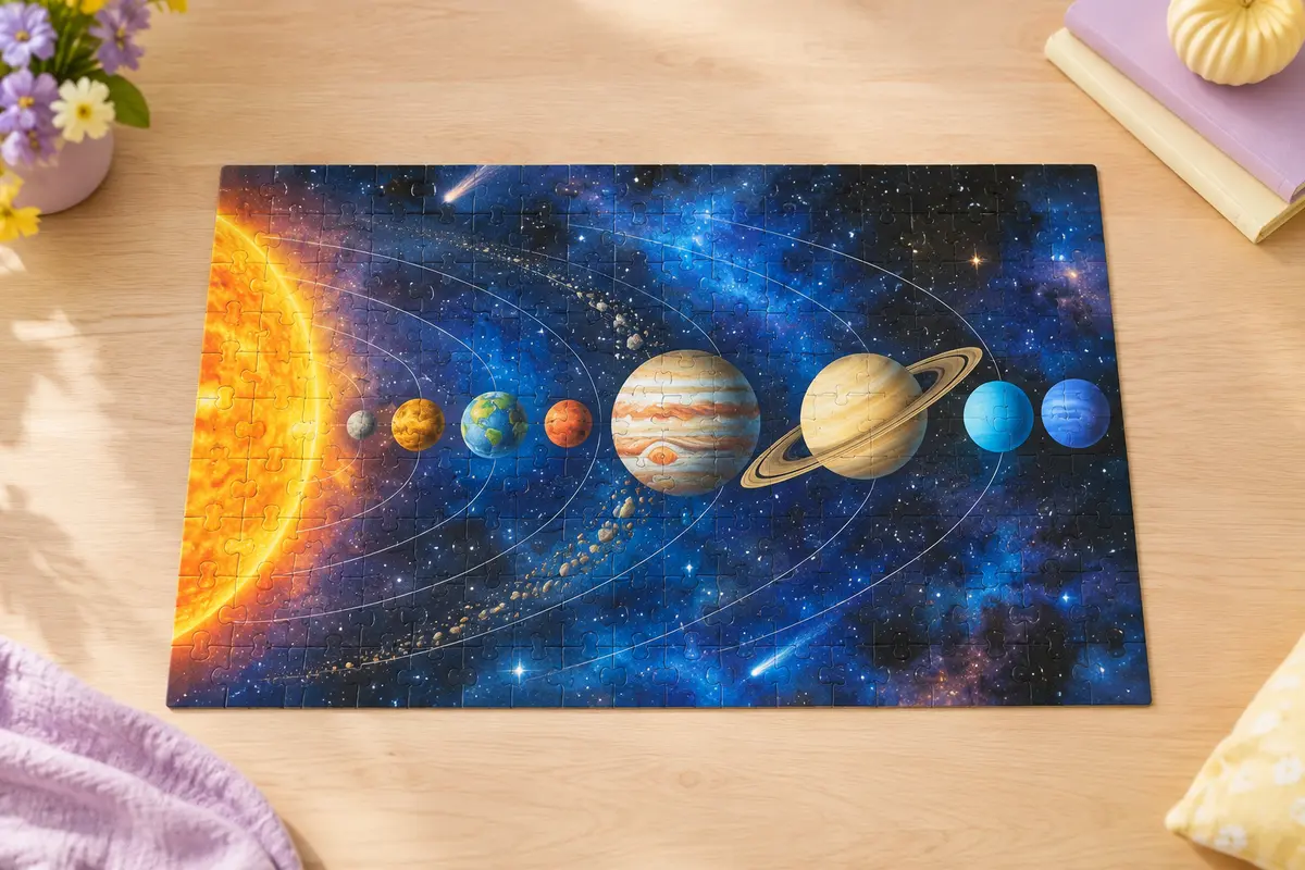 Puzzle Ravensburger de 300 pièces XXL assemblé, illustré d’un système solaire sur fond spatial bleu et noir.