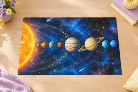 Puzzle Ravensburger de 300 pièces XXL assemblé, illustré d’un système solaire sur fond spatial bleu et noir.