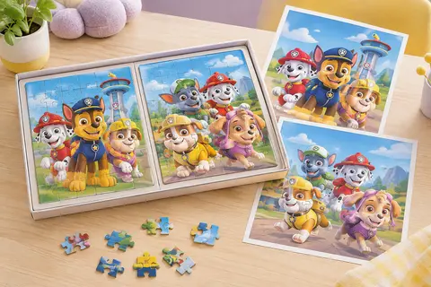 Deux puzzles Pat’Patrouille assemblés avec leurs posters, posés sur une surface claire dans un décor lilas.