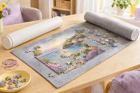 Tapis de puzzle en feutrine gris argenté avec tube et élastiques, posé sur une table en bois clair
