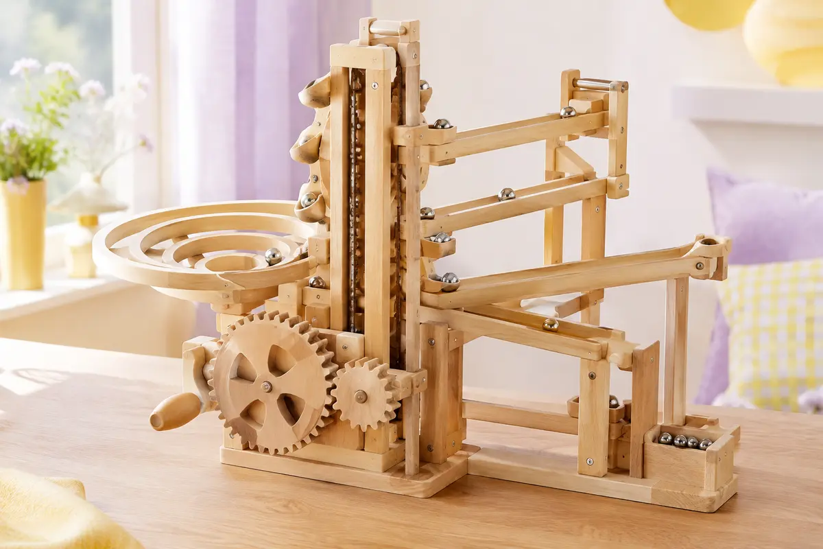 Circuit de billes mécanique en bois avec manivelle, rails et billes d’acier sur fond doux
