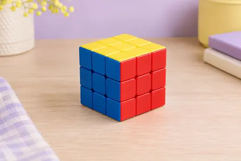 Cube casse-tête 3x3 aux faces colorées posé sur une table en bois clair dans un décor doux