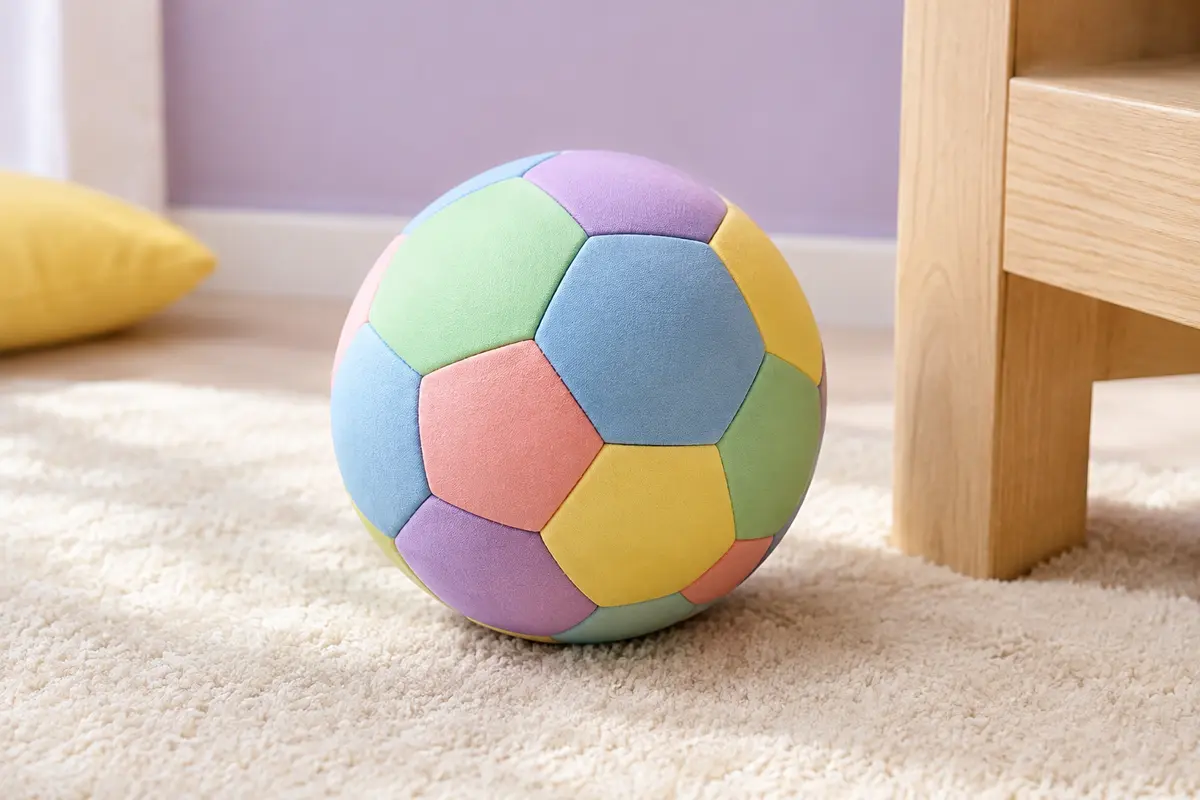 Ballon de football souple multicolore taille 4 posé dans un décor intérieur crème et lilas