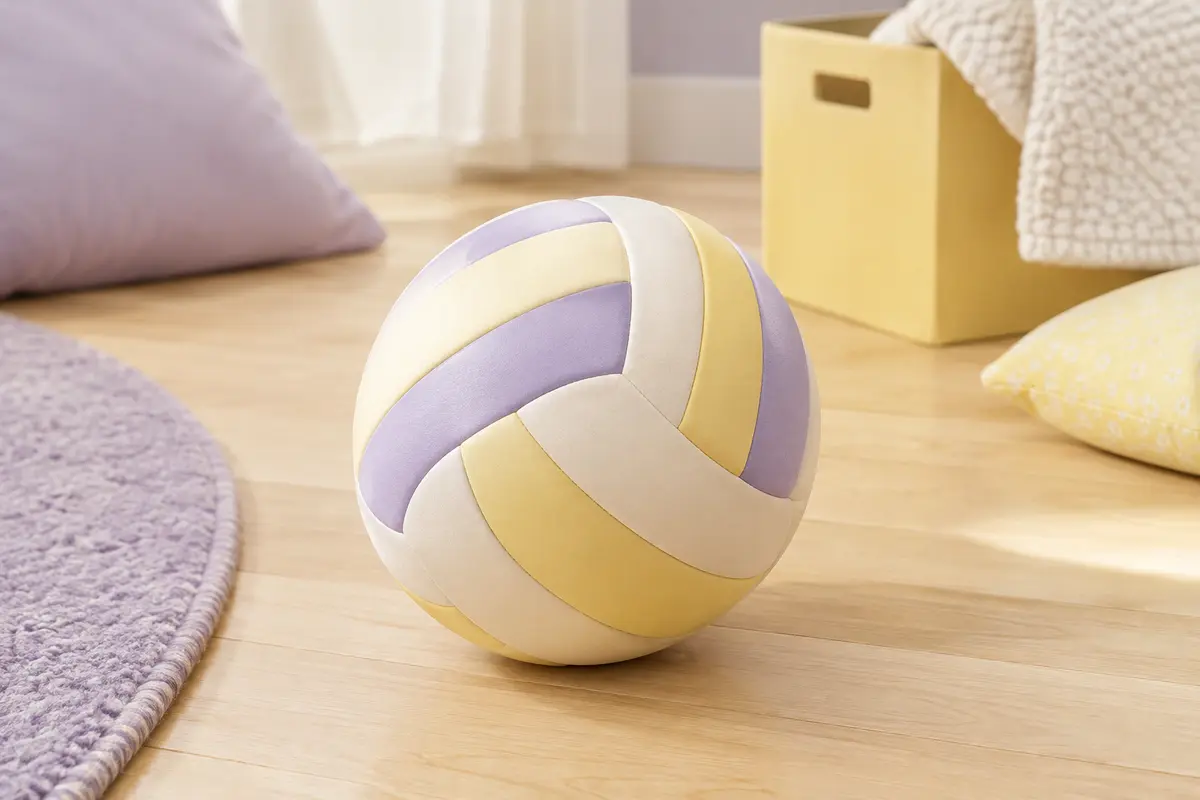 Ballon de volley-ball doux posé sur un sol en bois clair dans un décor lumineux aux tons lilas et crème.