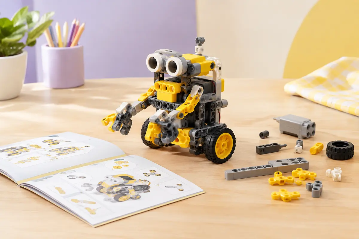 Robot Betabot en plastique assemblé, avec quelques pièces de construction et son livret sur une table claire.