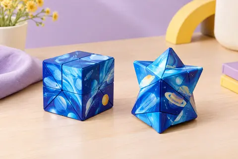 Cube magnétique Shashibo Blue Planet bleu présenté en forme cubique et en configuration transformée