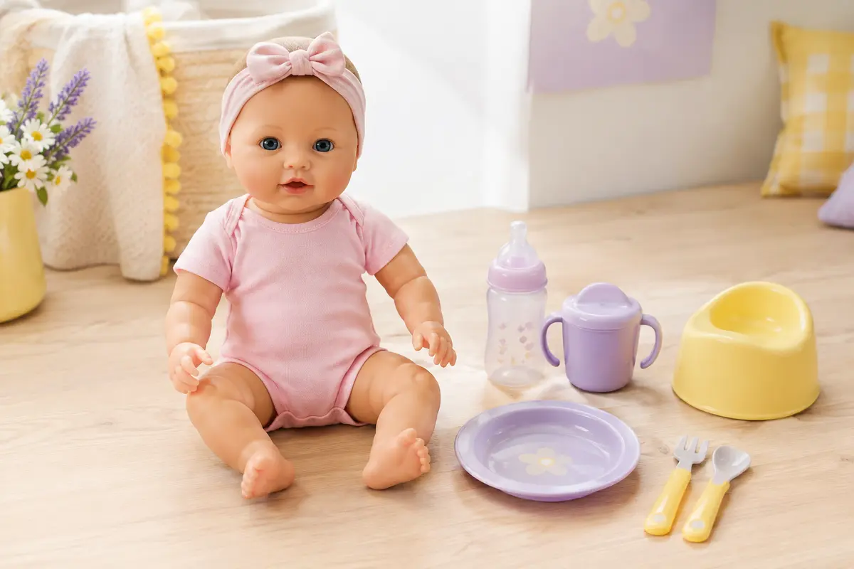 Poupon Simba rose de 43 cm avec biberon, tasse, pot et accessoires de repas sur un fond doux