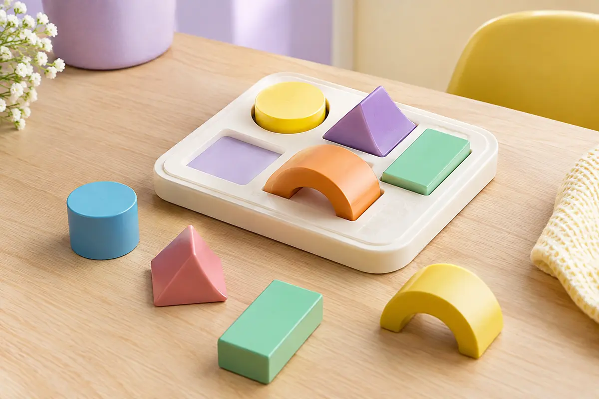 Jeu de réflexion compact avec un plateau en plastique et des pièces géométriques colorées en trois dimensions