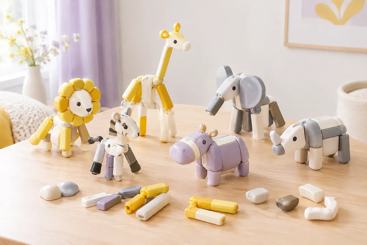 Pièces magnétiques SmartMax pour assembler des animaux de safari, disposées sur un fond lilas et crème.