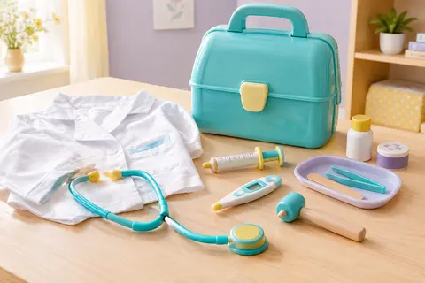 Mallette de docteur turquoise avec blouse et accessoires de jeu posée sur une table en bois clair.
