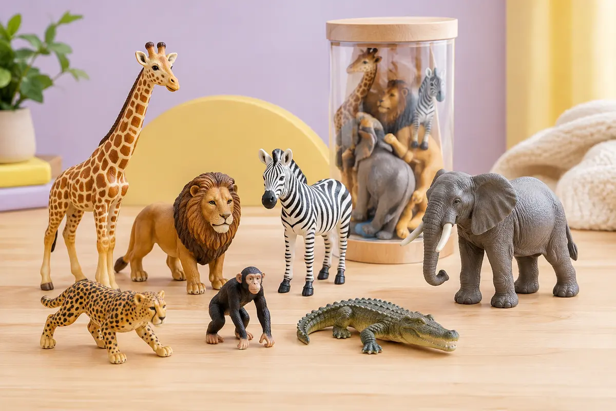 Figurines miniatures d’animaux sauvages disposées près de leur tube de rangement transparent