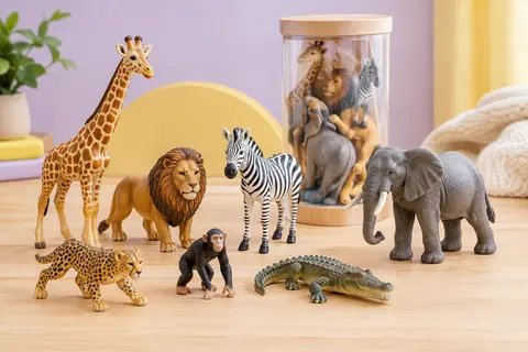 Figurines miniatures d’animaux sauvages disposées près de leur tube de rangement transparent