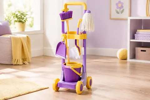 Chariot de ménage jouet multicolore avec balai, seau essoreur, balayette et pelle
