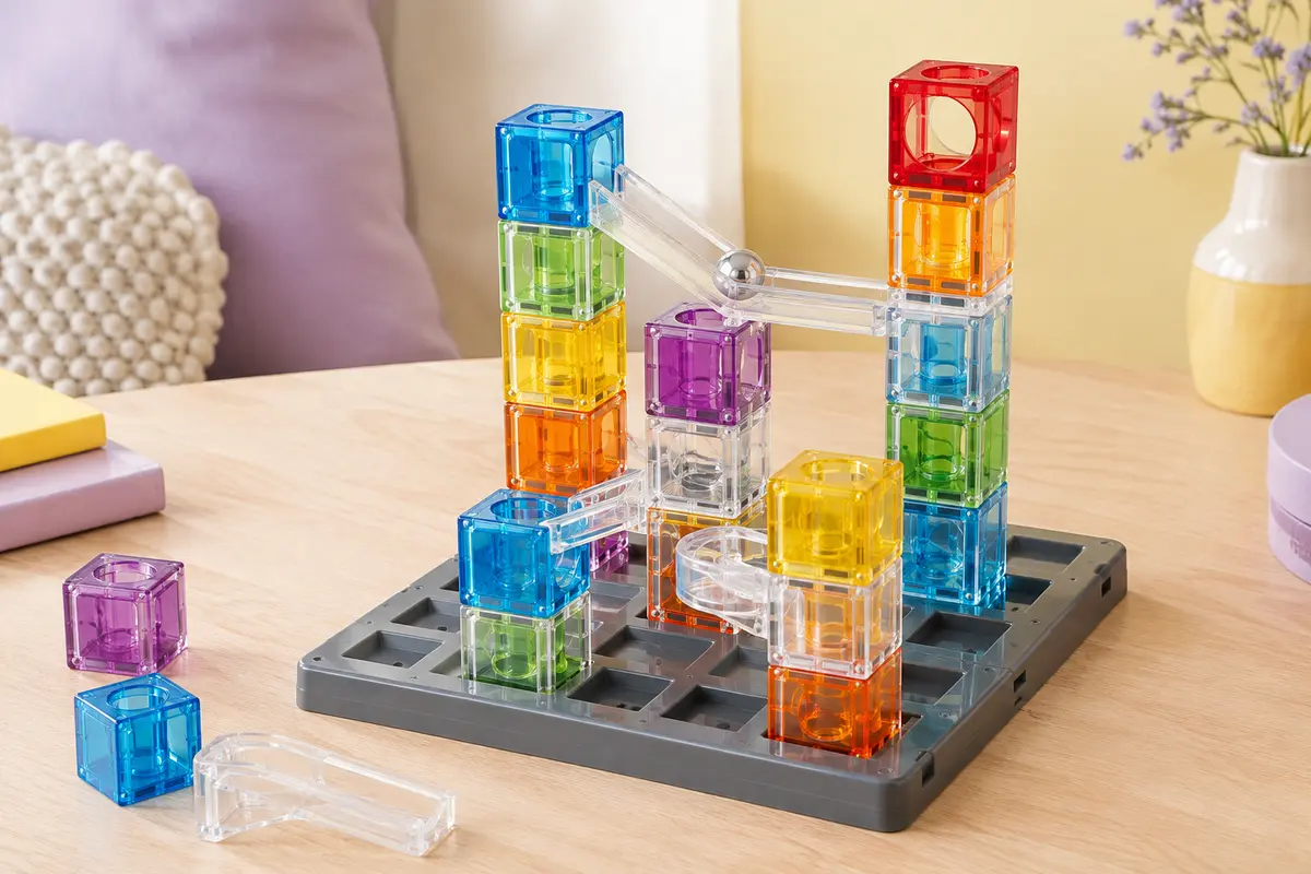 Grille de Gravity Maze avec tours transparentes colorées, bille métallique et tour cible rouge