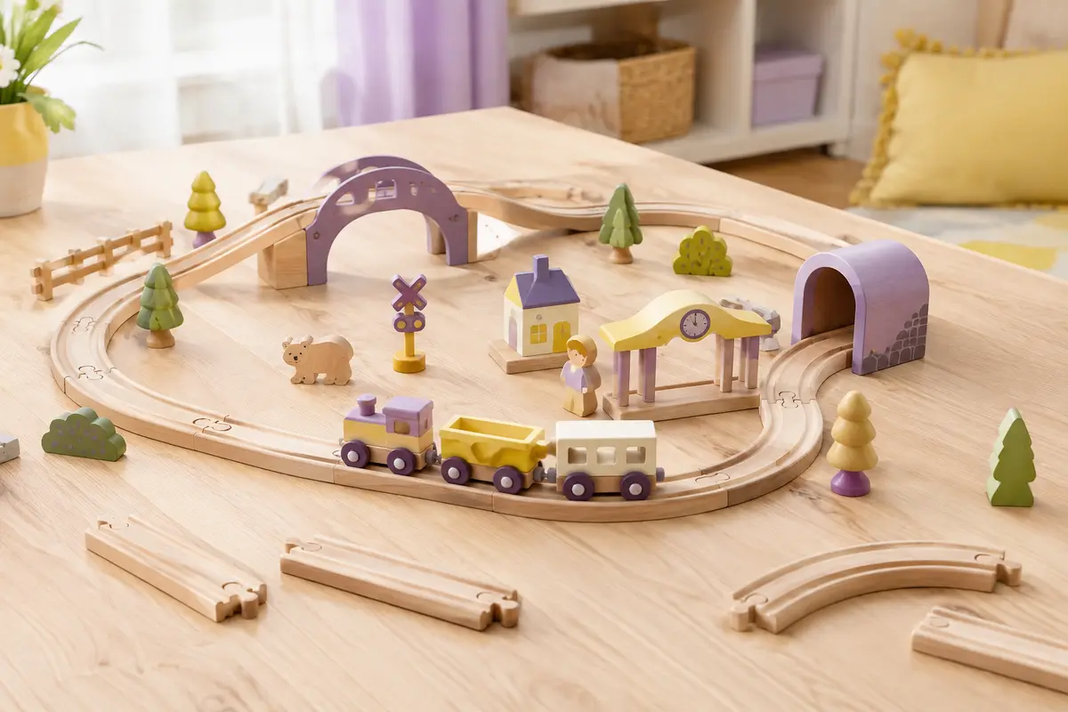 Circuit de train en bois multicolore assemblé avec rails, pont, train, wagon et petits accessoires