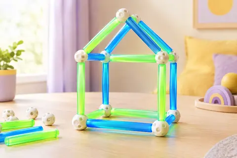 Kit de construction Tiny Land vert et bleu assemblé en petite cabane phosphorescente sur un fond doux.