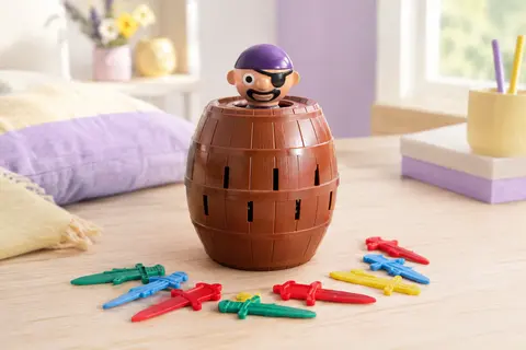 Jeu Pic Pirate avec tonneau en plastique, figurine pirate et épées multicolores sur une table claire.