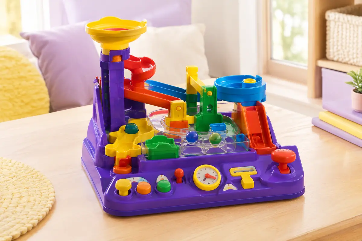 Circuit de billes multicolore avec obstacles, commandes, minuteur et deux billes sur une table claire.