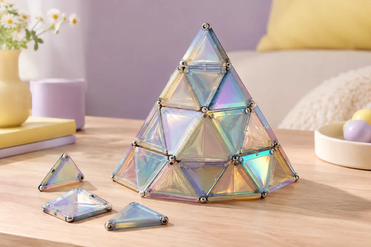 Pièces magnétiques TOSY aux reflets holographiques assemblées en pyramide sur une table claire
