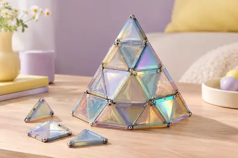Pièces magnétiques TOSY aux reflets holographiques assemblées en pyramide sur une table claire