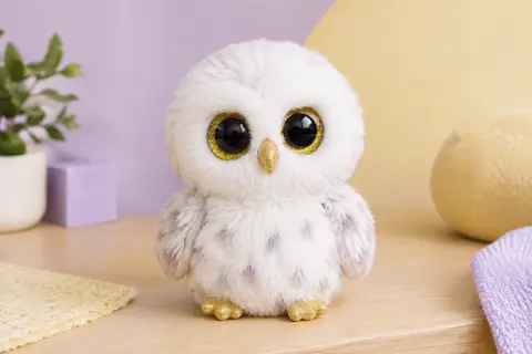 Peluche chouette blanche Austin de 15 cm, aux grands yeux brillants, posée sur un décor lilas et crème.