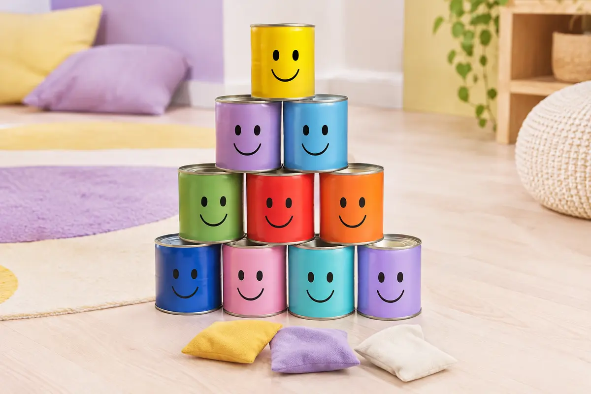 Jeu de chamboule-tout multicolore avec boîtes métalliques empilées et trois sacs en tissu