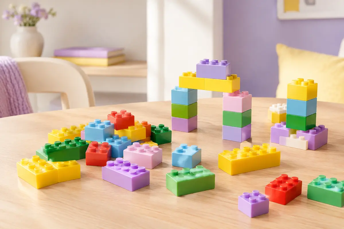 Briques de construction en plastique multicolores disposées en assemblages simples sur une table en bois clair