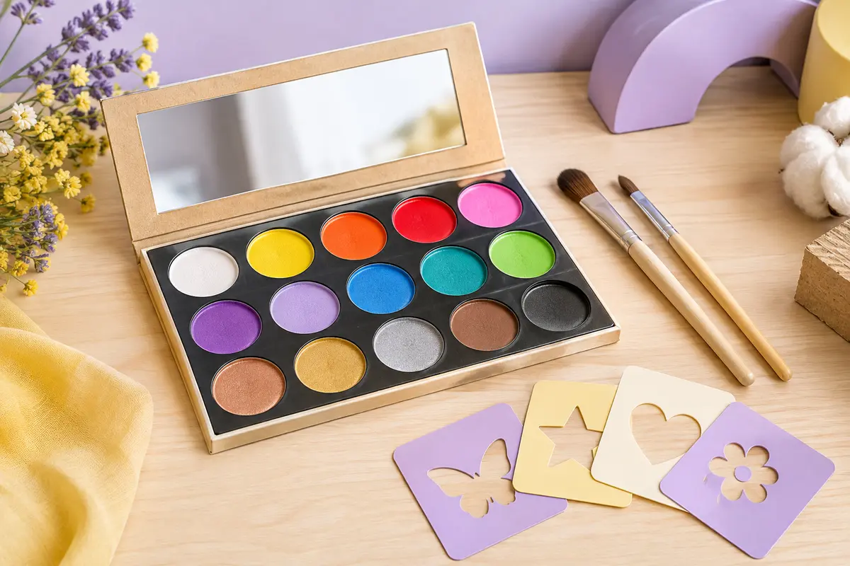 Palette de maquillage URAQT avec couleurs vives, pinceaux et pochoirs réutilisables sur une table claire